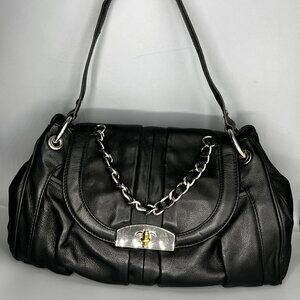 B MAROWSKI BLACK LEATHER TURN LOCK SHOULDER HANDBAG PURSE SILVER TONE HARDWARE